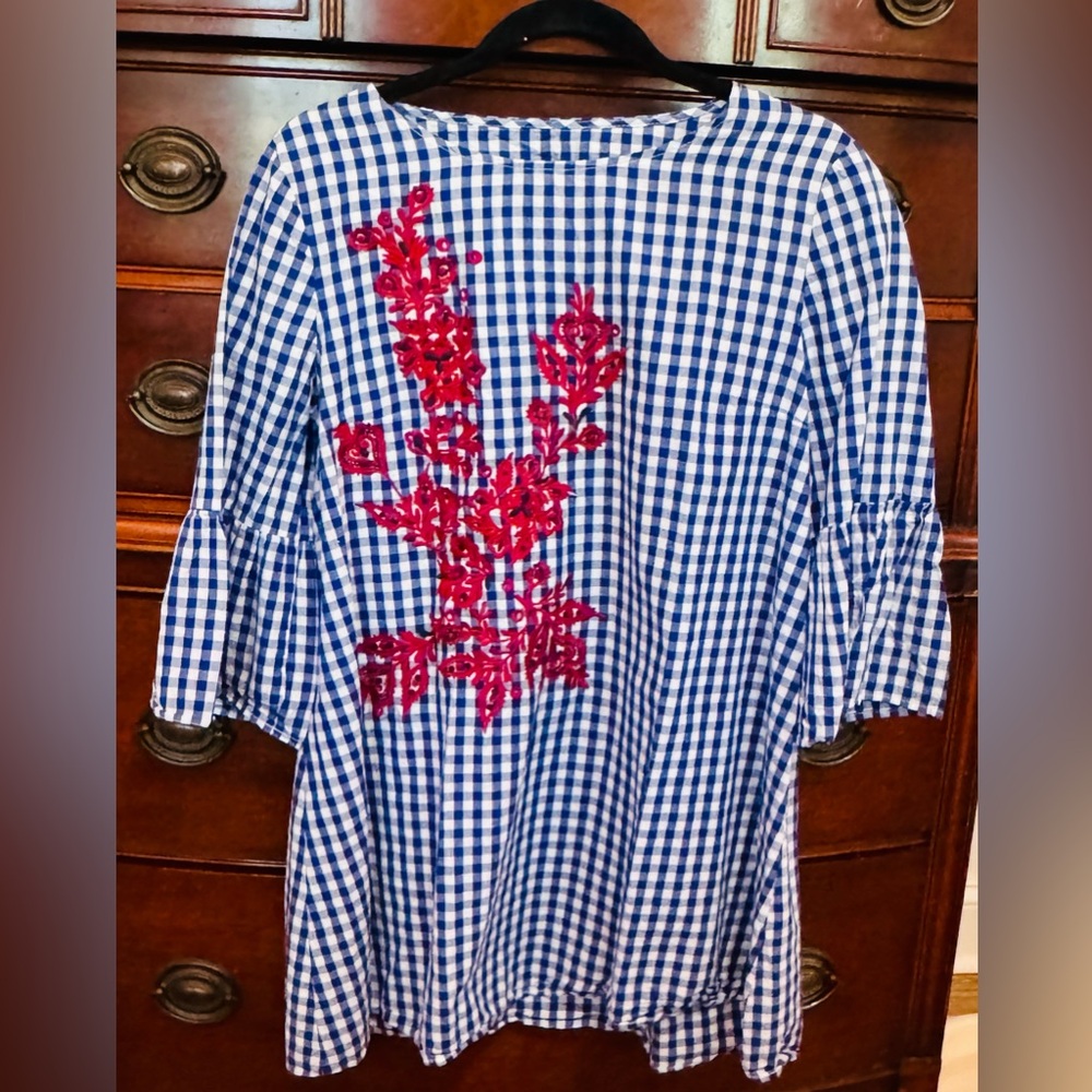 Blue and white gingham tunic top with red embroidered flowers- size XL